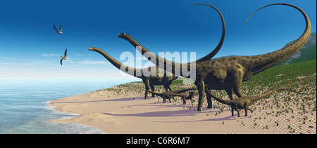 A Diplodocus herd comes down to a lake for a drink of water. Stock Photo