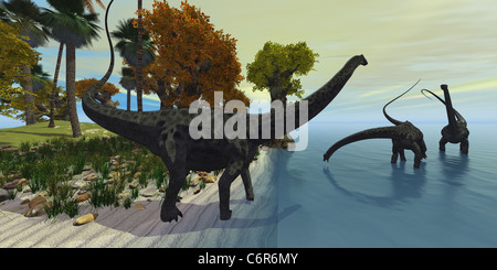 Three huge Diplodocus dinosaurs visit an island in the prehistoric era. Stock Photo