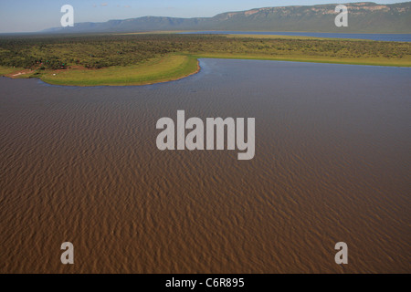 Aerial view over Pongola Dam with campsite on a distant shore Stock Photo