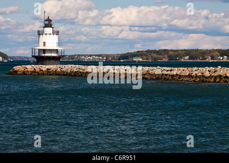 'Spring Point' Ledge Lighthouse on a breakwater ledge in Casco Bay, at Portland Harbor, Portland, Maine. Stock Photo