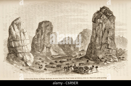 Illustration of the rocks of Pungo Andongo with Makololo group walking as seen from Colonel Pires house at Cahuey, Angola Stock Photo