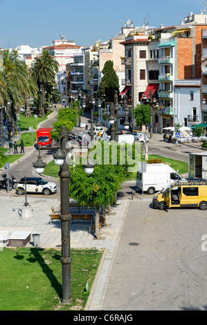 Looking down onto the end of the promenade in Sitges, a coastal resort near Barcelona in Spain Stock Photo