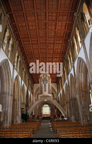 The interior of Llandaf Cathedral, Cardiff, WAL UK showing the concrete arch & 'Christ in Majesty' Stock Photo