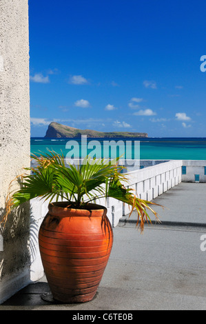 View toward Coin de Mire Island from the hotel balcony in Cap Malheureux, Riviere Du Rempart, Mauritius. Stock Photo