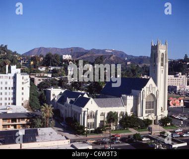 Hollywood United Methodist Church with Hollywood Hills behind, Hollywood, Los Angeles, California, United States of America Stock Photo