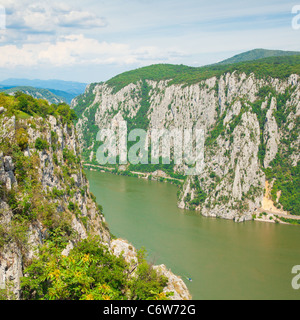 Landscape in the Danube Gorges 'Cazanele Mari' seen from the Romanian side. Stock Photo