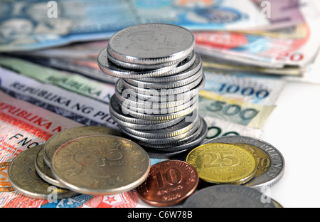 Currency from Philippines - Various banknotes and coins. Philippine Pesos! Stock Photo