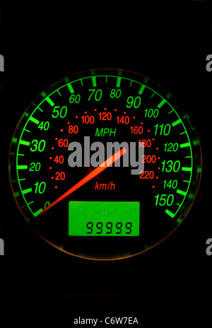 The speed dial in a car showing that the milometer or odometer is about to reach 100,000 miles or go 'round the clock' UK Stock Photo