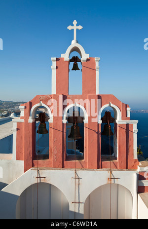 Bell tower of the Sanctus Ioannes Baptista Church in Fira, Santorini (Thira), Cyclades Islands, Greece Stock Photo