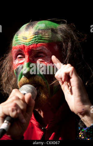 Rheinstadion Duesseldorf Germany 15.4.2000, American Football: NFL Europe  League, Duesseldorf Rhein Fire vs Barcelona Dragons 28:17 - english singer  Arthur BROWN performs the Rhein Fire wearing his flaming helmet before  kick-off, the