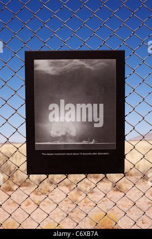 A photograph on display at Trinity Site in New Mexico shows the first nuclear device explosion in 1945. Stock Photo