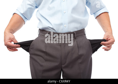 Businessman turning his empty pockets inside out, isolated on white background