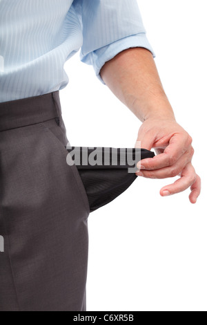 Businessman turning his empty pockets inside out, isolated on white background