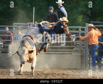 Cowboy being thrown while bull riding, Water Valley rodeo, Water Valley ...