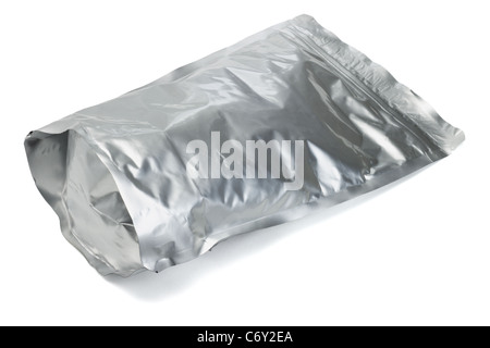 Sealed aluminum foil bag containing cereal on white background Stock Photo