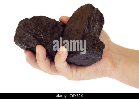 coal, carbon nuggets in hand isolated on white background Stock Photo