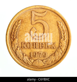 Old coin of five soviet copecks isolated over white background Stock Photo