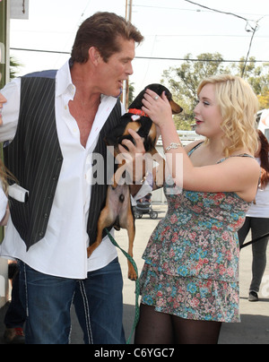 David Hasselhoff goes to Pinks Hotdog stand to promote the Hoff dog. David showed up in the Night Rider Car and was there with Stock Photo