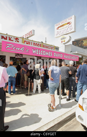 David Hasselhoff goes to Pinks Hotdog stand to promote the Hoff dog. David showed up in the Night Rider Car and was there with Stock Photo