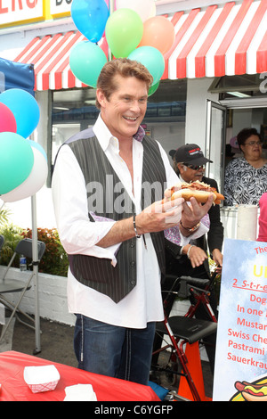 David Hasselhoff goes to Pinks Hotdog stand to promote the Hoff dog. David showed up in the Night Rider Car and was there with Stock Photo