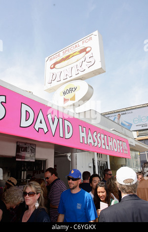 David Hasselhoff goes to Pinks Hotdog stand to promote the Hoff dog. David showed up in the Night Rider Car and was there with Stock Photo