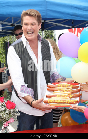 David Hasselhoff goes to Pinks Hotdog stand to promote the Hoff dog. David showed up in the Night Rider Car and was there with Stock Photo