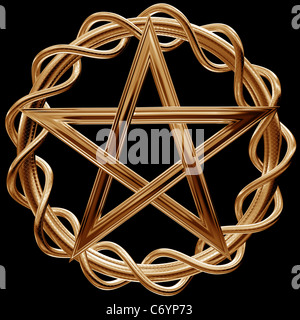 Illustration of an ornate gold pentagram on a black background Stock Photo