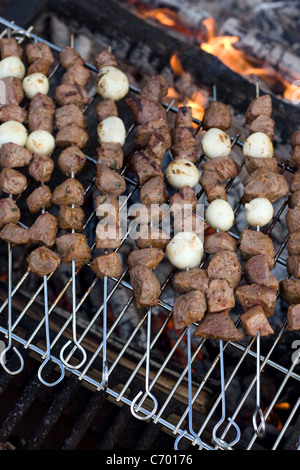 Beef shish kebab skewers cooking over a hot camp fire. Stock Photo