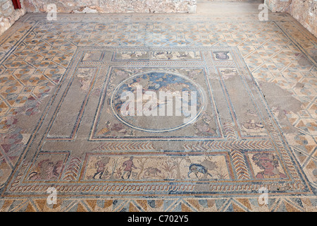 Mosaic with a Quadriga, Hunt Scenes and the Seasons (corners) in the House of the Fountains Villa in Conimbriga, Portugal. Stock Photo