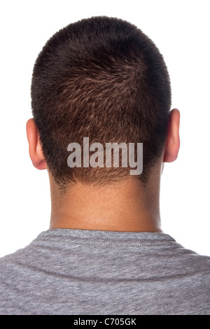 A closeup of the back of a young mans head and neck isolated over a white background.