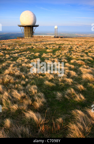Radar Domes on the bleak summit of the Titterstone Clee Hill, Shropshire, England, Europe