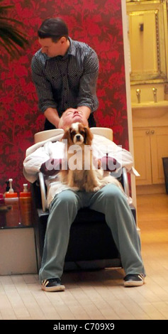 Chris Evans The ginger DJ and broadcaster gets a cut and style at a trendy salon in Central London, accompanied by his dog who Stock Photo