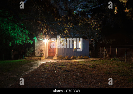 B&B Cabin at night at Block Creek Natural Area in Central Texas. Example of 'painting with Light' using flashlight. Stock Photo