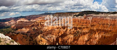 Panorama of red cliff formations in Cedar Breaks National Monument in Utah, at greater than 10,000 feet in altitude. Stock Photo