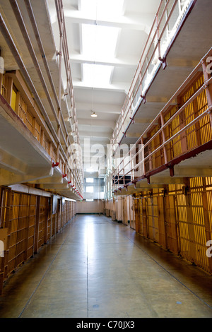 Prison cells in the main cellhouse at Alcatraz Prison, Alcatraz Island, San Francisco Bay, California, USA. JMH5241 Stock Photo