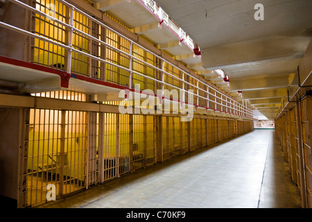 Prison cells in the main cellhouse at Alcatraz Prison, Alcatraz Island, San Francisco Bay, California, USA. JMH5244 Stock Photo