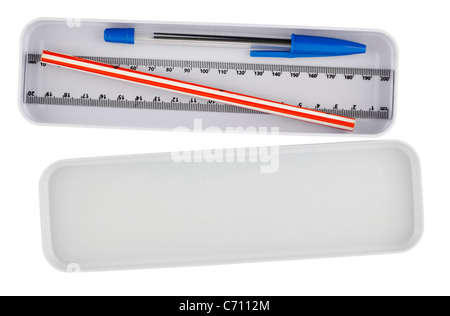 Pencil case with rule pens and pencil Stock Photo
