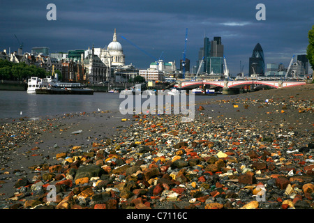 View down the River Thames at the South Bank looking  towards St Paul's Cathedral and City of London, UK Stock Photo