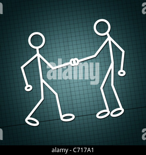 Illustration of two humanoid figures shaking hands and greeting each other over a white paper texture background. Stock Photo