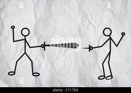 Simple illustration of two humanoid figures in a sword fight, unequality concept. Stock Photo