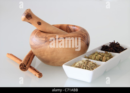 various indian spices with mortar and pestle Stock Photo