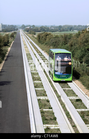 A guided bus on the guided busway between Cambridge and St. Ives, Cambridgeshire. Stock Photo