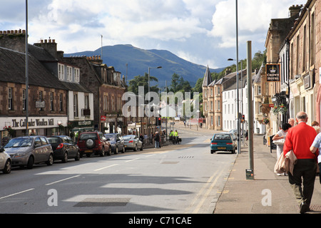 A view along the Main Street in Callander, Perthshire, Scotland, UK Stock Photo