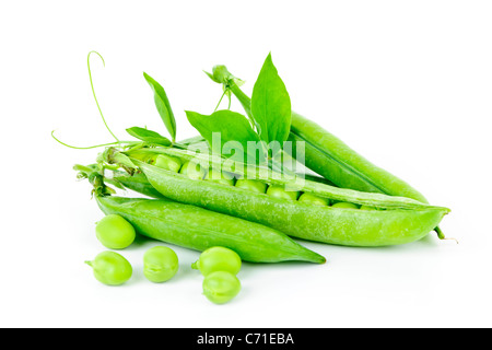 Pea pods with green peas isolated on white background Stock Photo