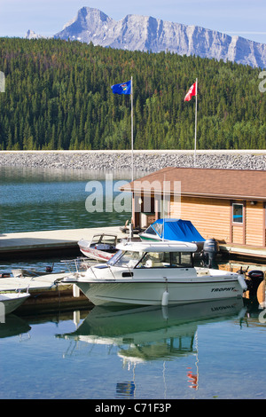 Banff Dock Lake Minnewanka boat tour dock in Banff National Park in Alberta ...