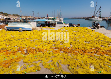 Fishing nets laid out to dry at Vlychada in Santorini, Greece Stock Photo