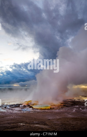 The Clepsydra Geyser erupts at sunset in the Lower Geyser Basin of Yellowstone National Park, Wyoming. Stock Photo