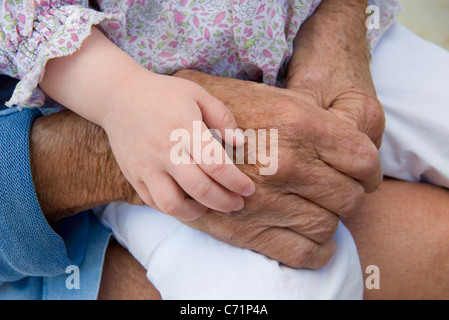 Toddler's hand holding old woman's hand, close-up Stock Photo