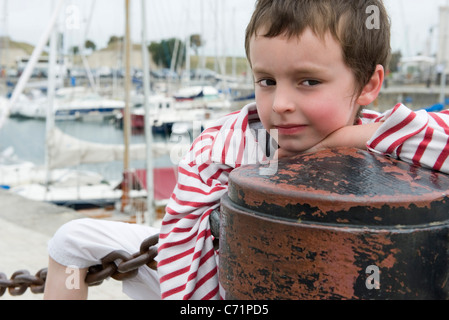 Little boy at marina, portrait Stock Photo