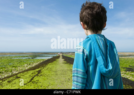 Boy on breakwater, looking at view, Ile de RŽ, Charente-Maritime, France Stock Photo